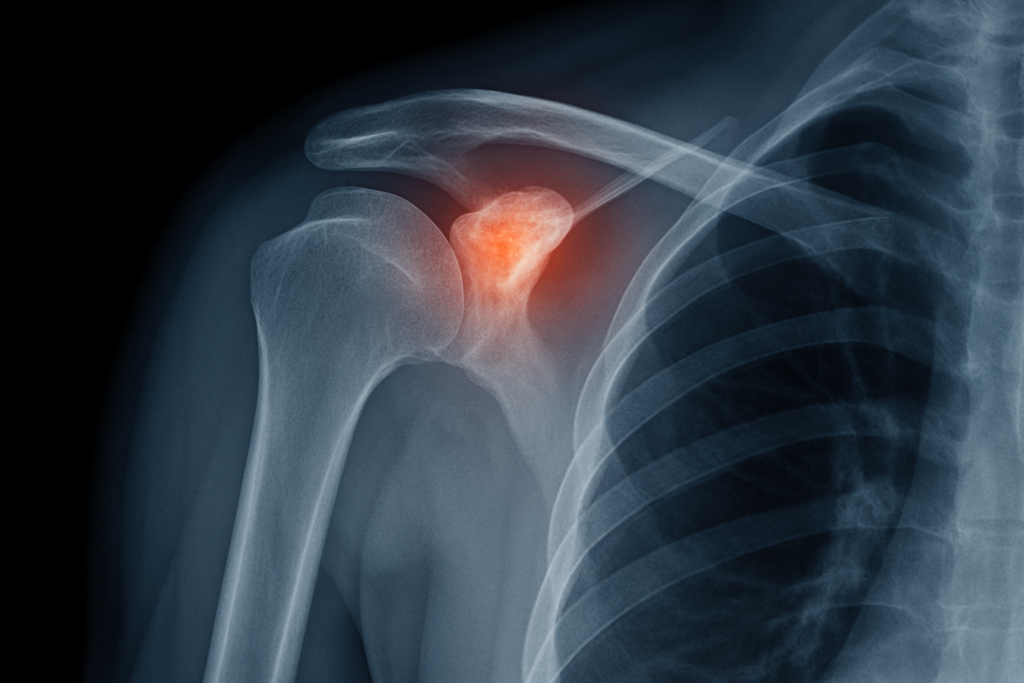 Radiografia della spalla con evidenti calcificazioni tendinee nella cuffia dei rotatori, immagine utilizzata per spiegare il trattamento con onde d’urto presso uno studio di fisioterapia tra Cuneo e Mondovì.